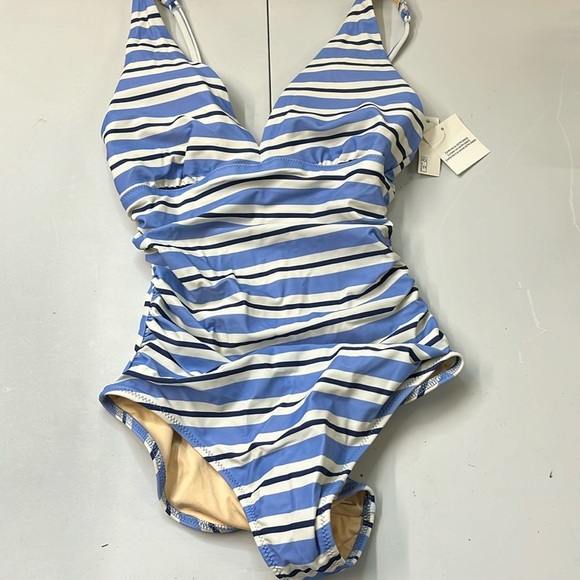 NWT Plunge Tummy Control Shaping One-Piece Swimsuit 2 Horizontal Blue Stripe - Picture 4 of 4